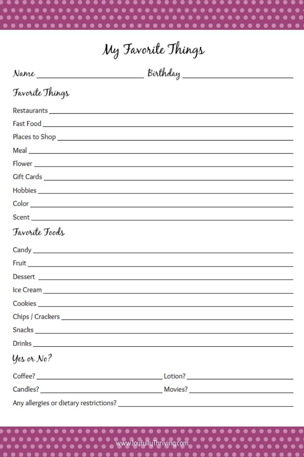 My Favorite Things List Free Printable Gift Ideas for Teachers