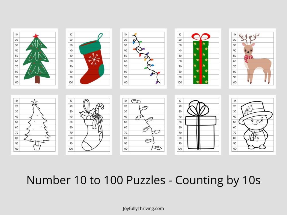 Free Christmas Counting by 10s Puzzles to 100