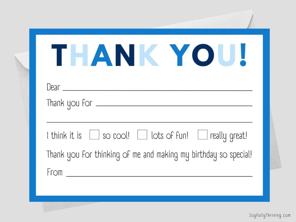 Blue fill-in-the-blank birthday thank you note for kids