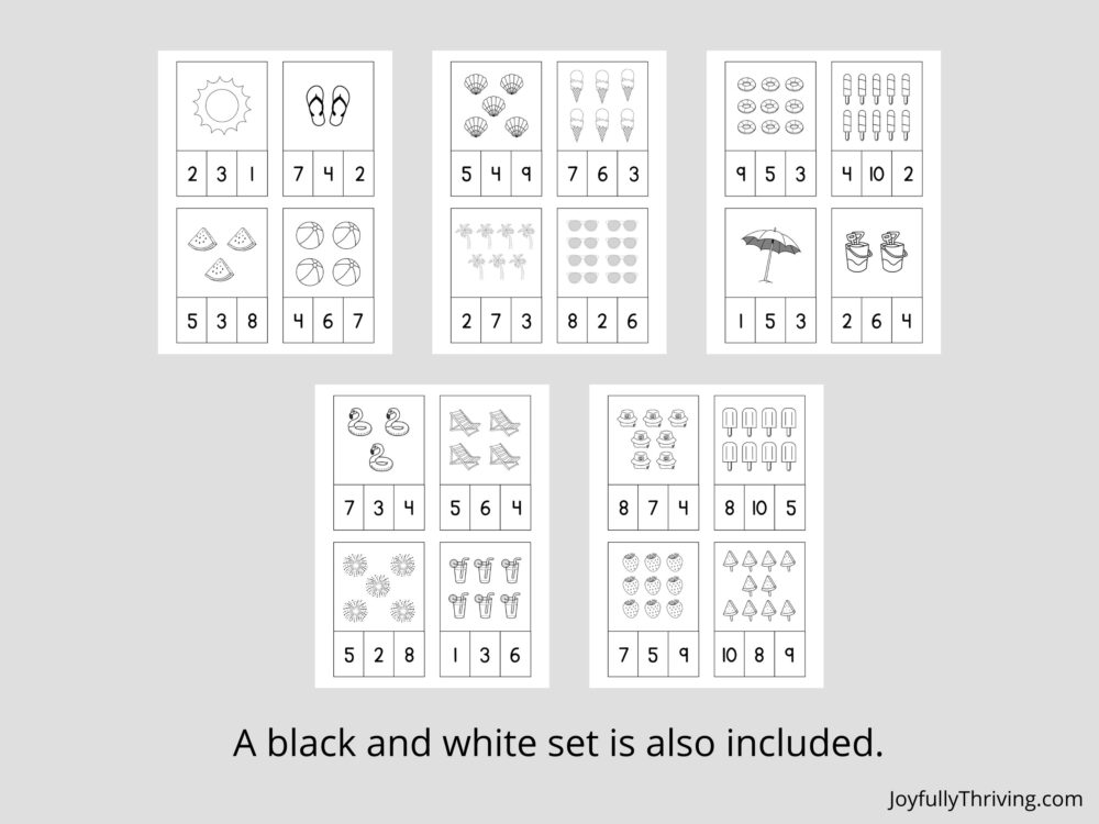 Summer Number Clip Cards in Black and White