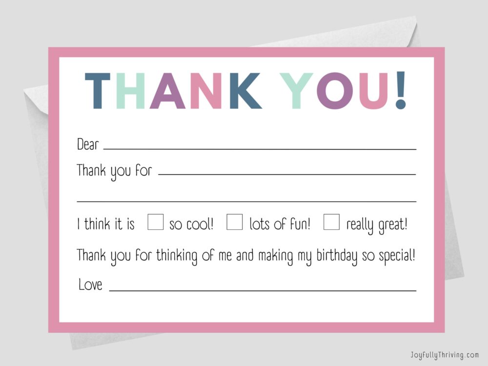 Pink Fill in the Blank Thank You Note for Kids