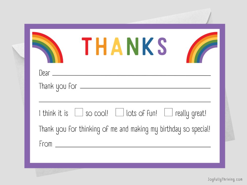 Rainbow printable birthday thank you note for kids