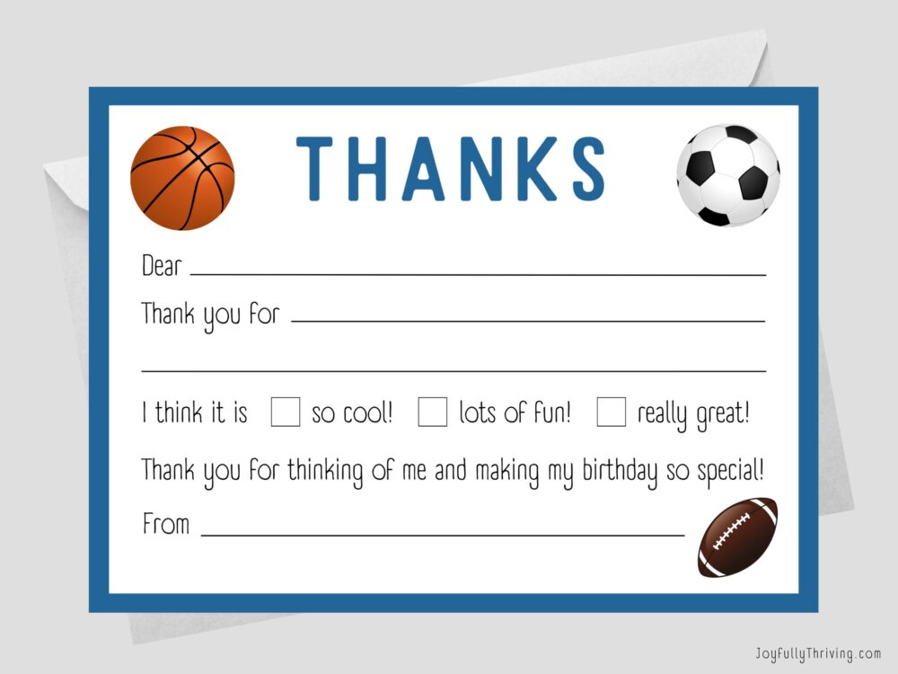 Sports birthday thank you note with basketball, soccer ball, and football